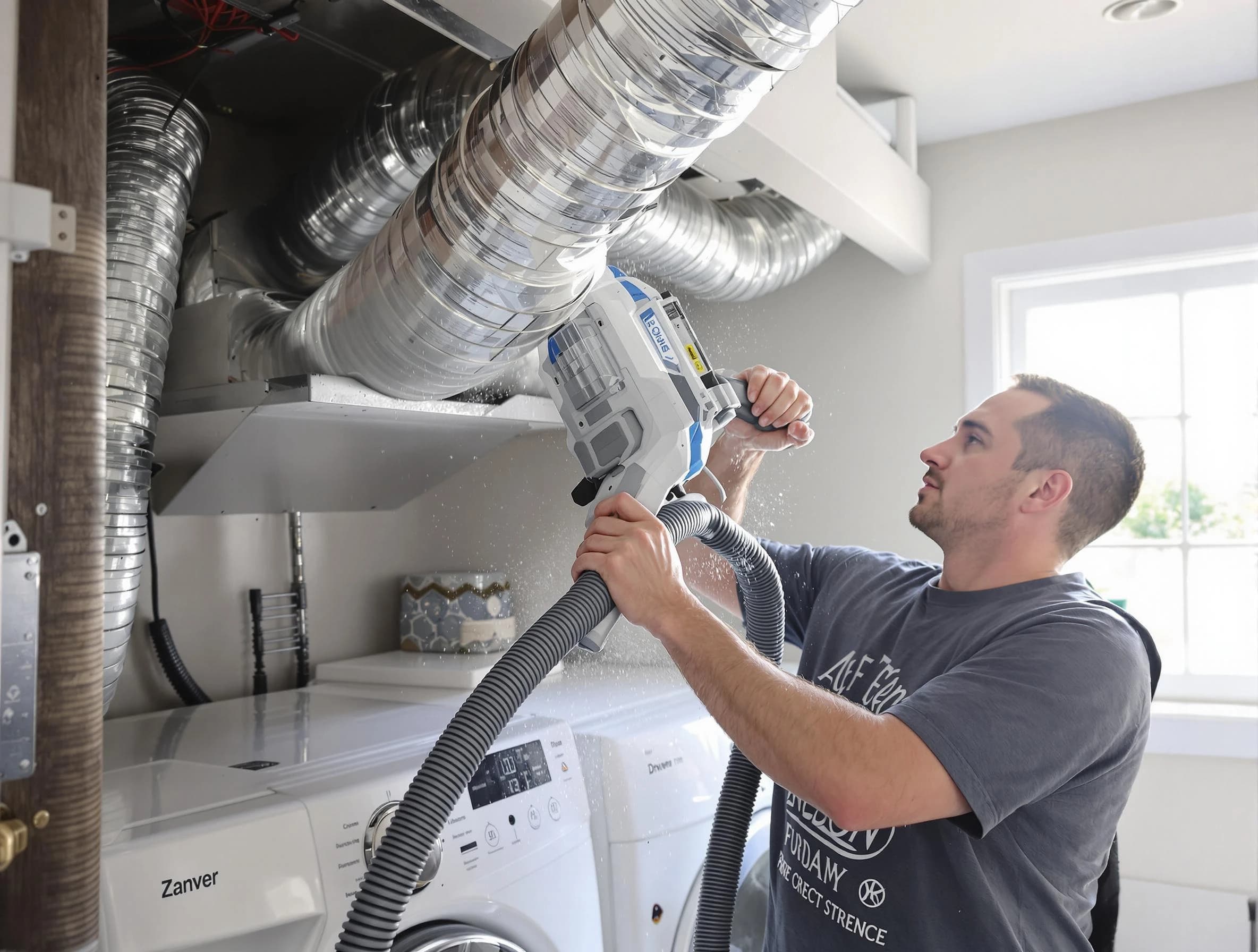 Blanchard Dryer Vent Cleaning specialist cleaning deep within a dryer vent duct system in Blanchard