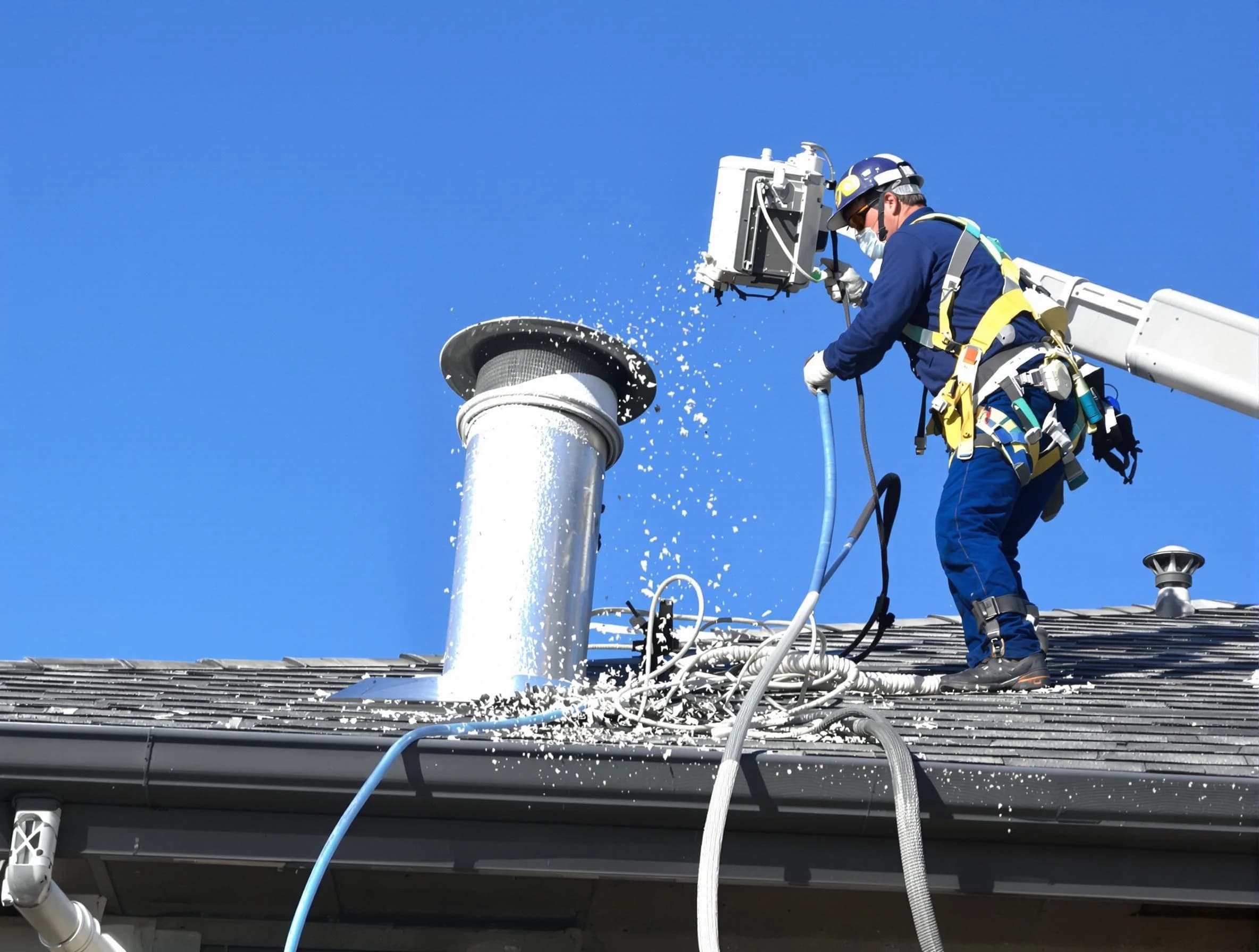 Blanchard Dryer Vent Cleaning certified technician safely cleaning a roof-mounted dryer vent in Blanchard