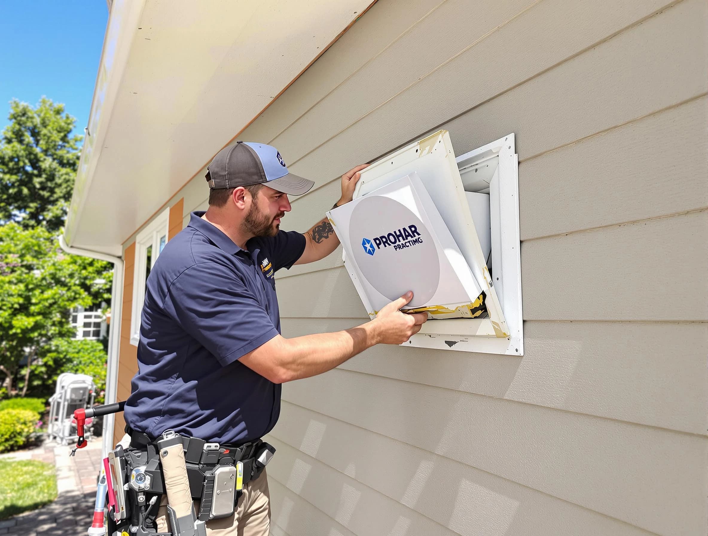 Blanchard Dryer Vent Cleaning technician installing a new protective dryer vent cover on a home in Blanchard