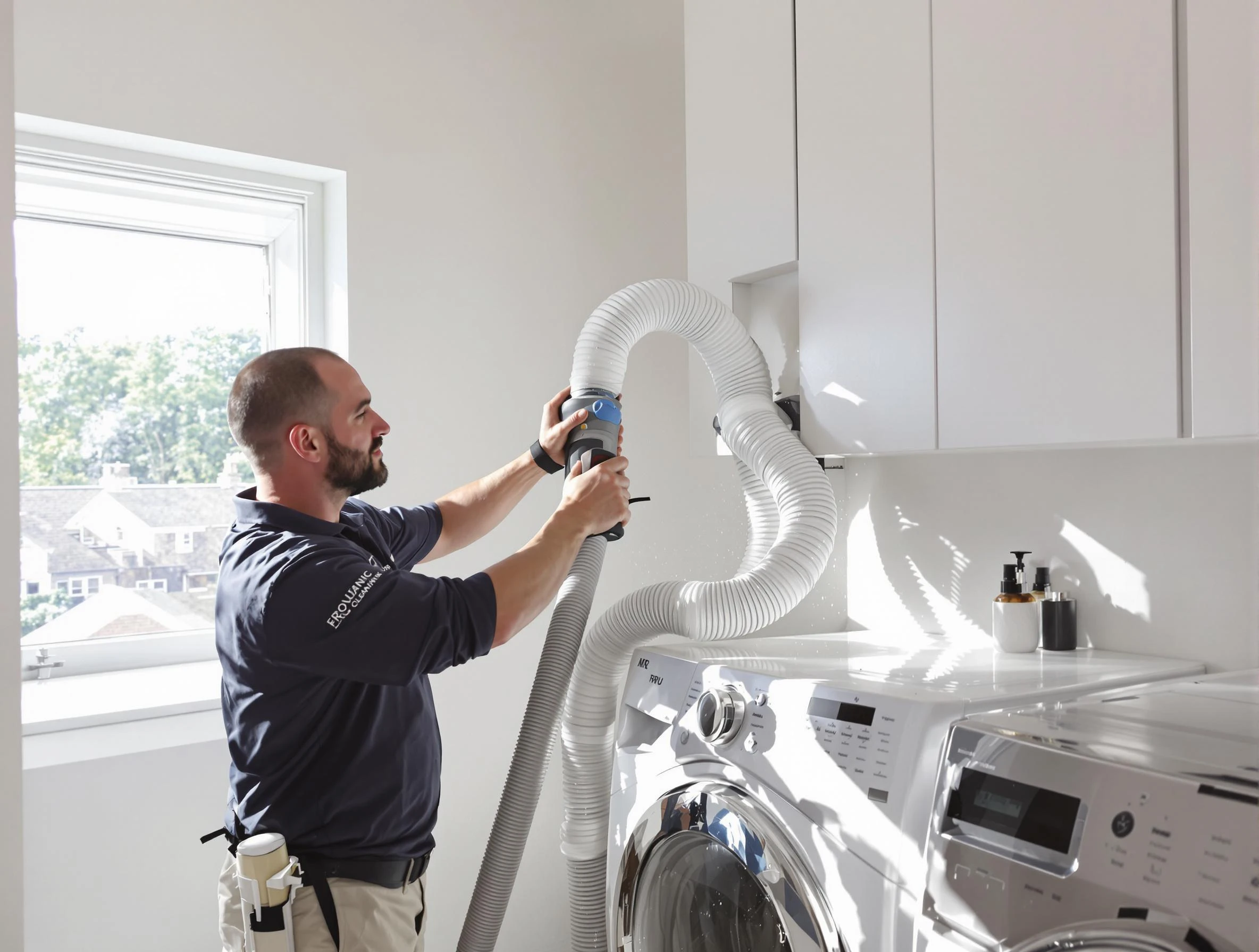 Certified Blanchard Dryer Vent Cleaning technician performing dryer vent cleaning in Blanchard