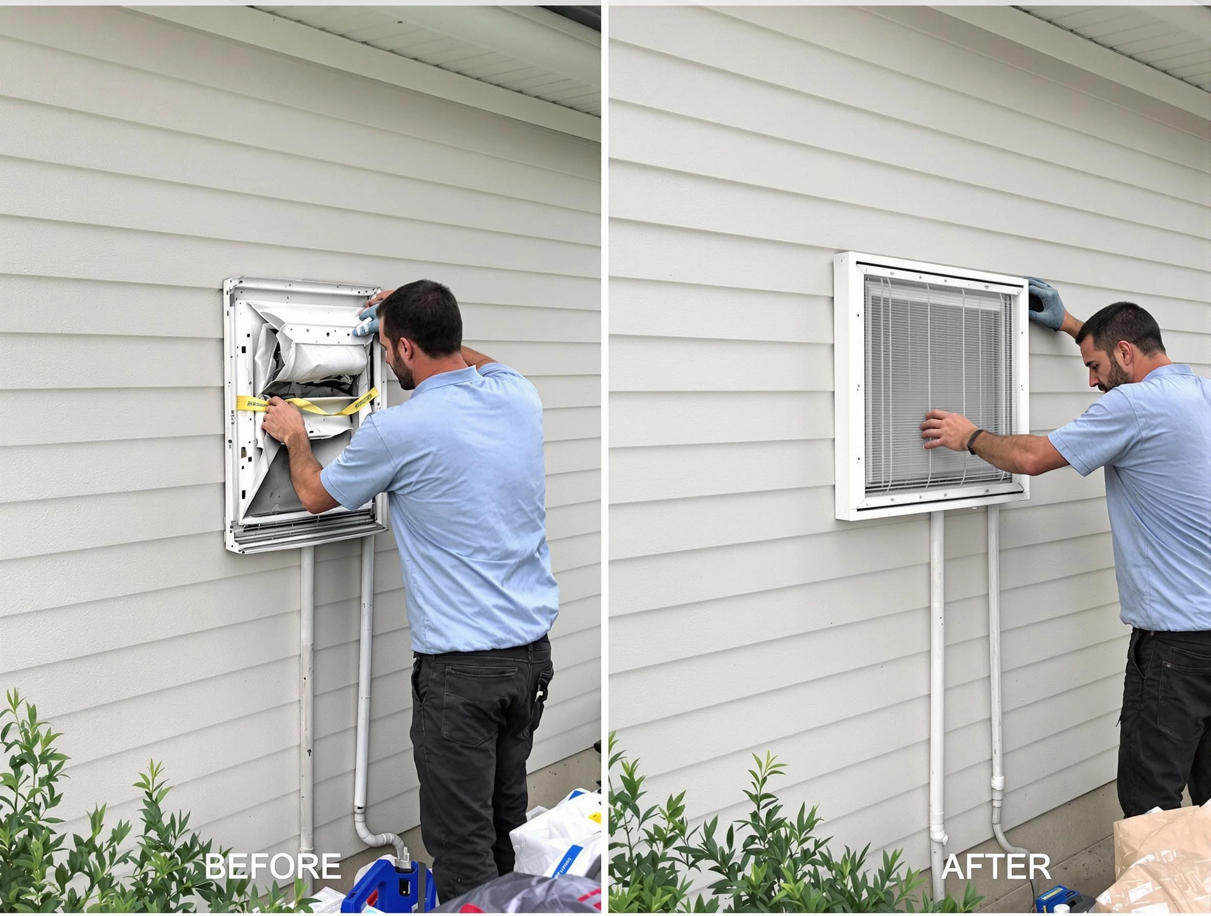 Blanchard Dryer Vent Cleaning technician installing high-quality dryer vent cover at a residential property in Blanchard